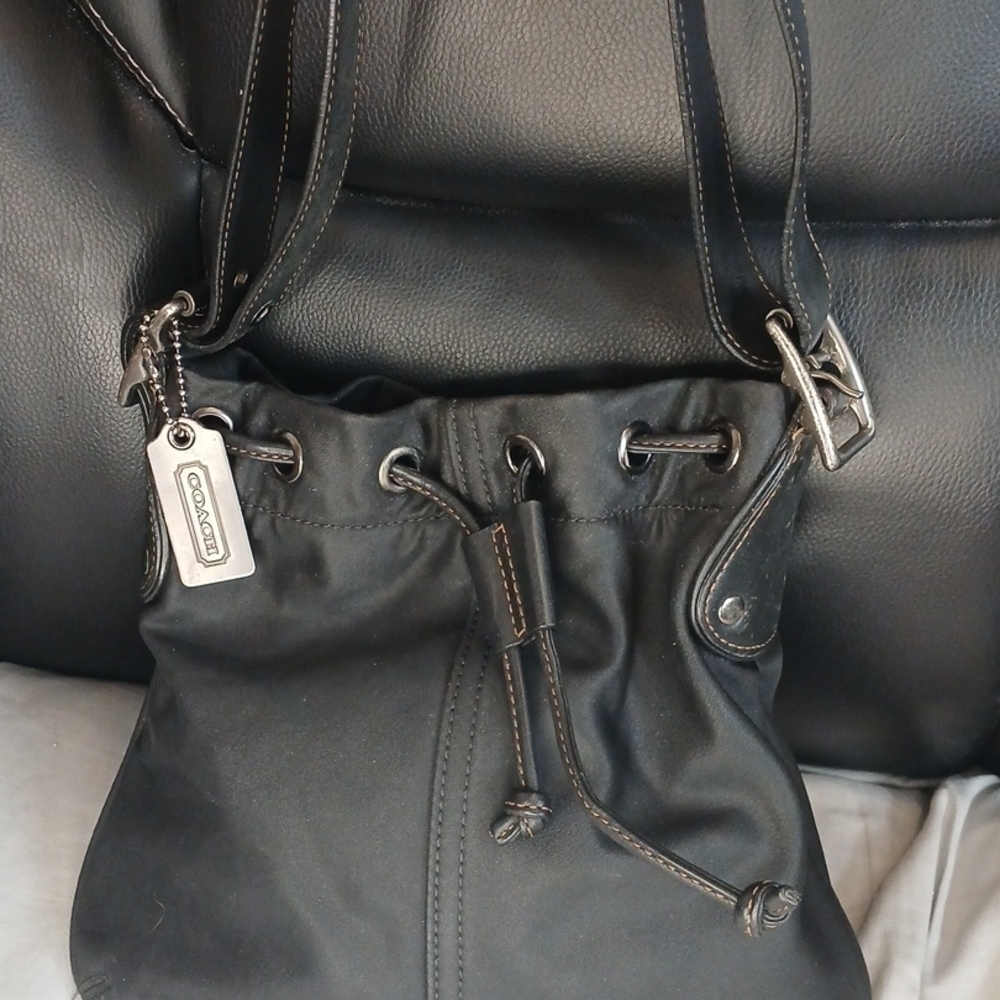 Coach Vintage Y2K Black Drawstring Nylon Shoulder Bag with Silver Tag